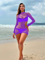 K218--Women's Sexy Long Sleeve Hollow Hip Cover Skirt Breast Exposing Net Top