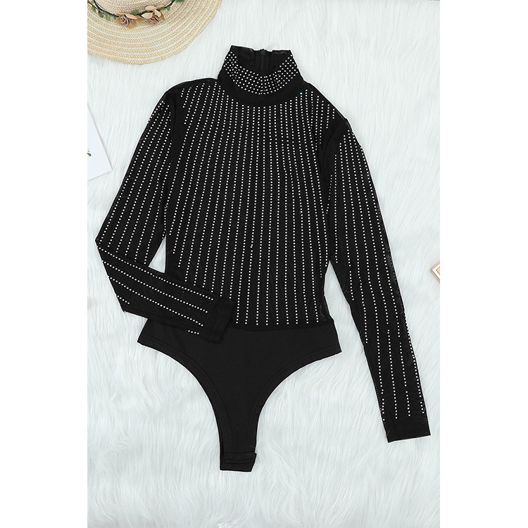 LC32341-2--Black iridescent rhinestone-embellished turtleneck long-sleeved jumpsuit