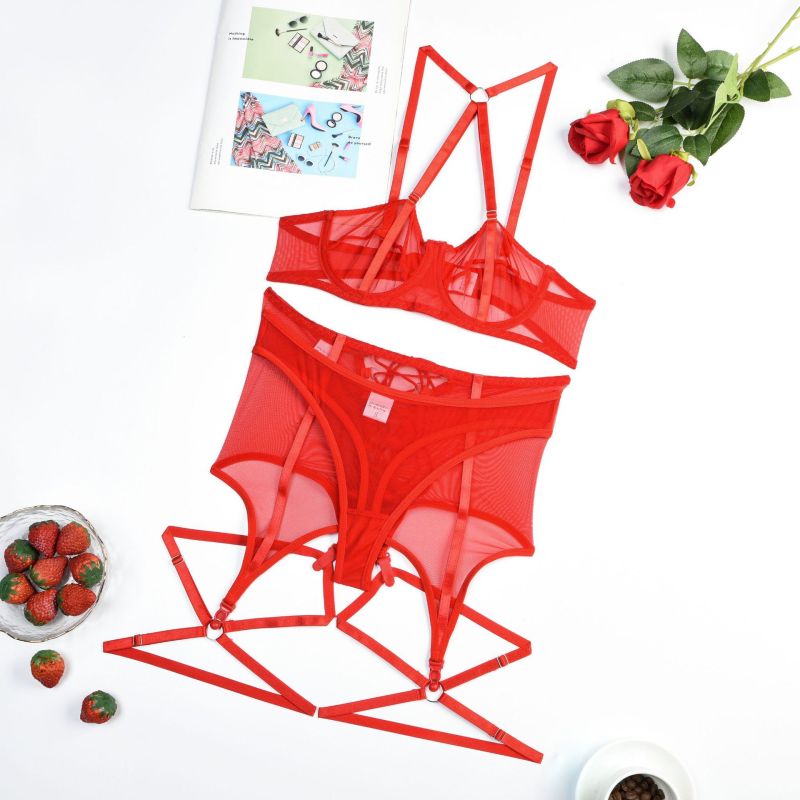 Z3083A--Hot-selling comfortable mesh sexy halterneck strap body-shaping sexy lingerie four-piece set