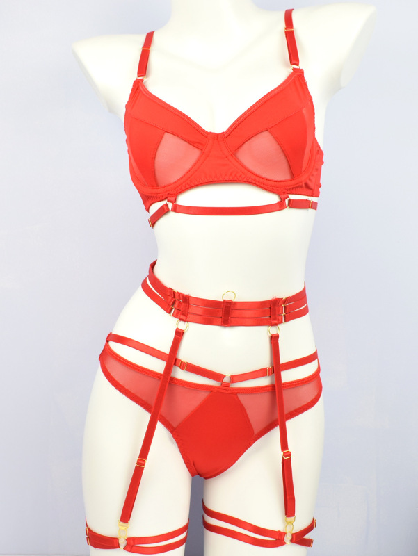 2231--New lace product with complex craftsmanship, hollow mesh sexy lingerie four-piece set