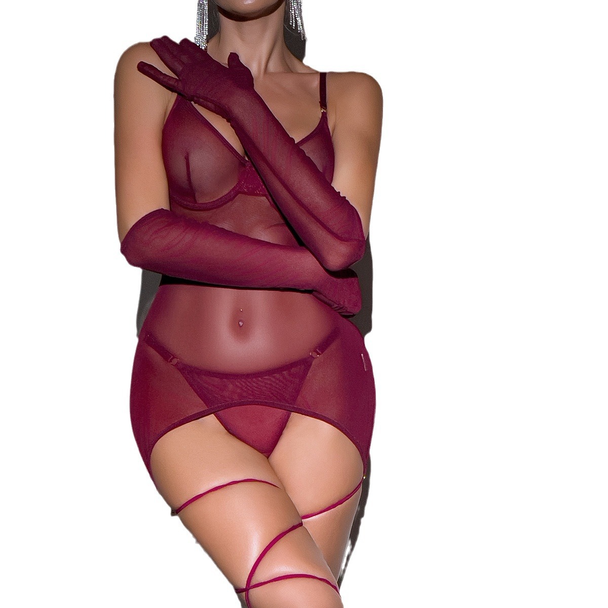 33211--Hot Selling Sexy Lingerie Mesh Sexy Backless Transparent Rope Gloves Three Piece Set