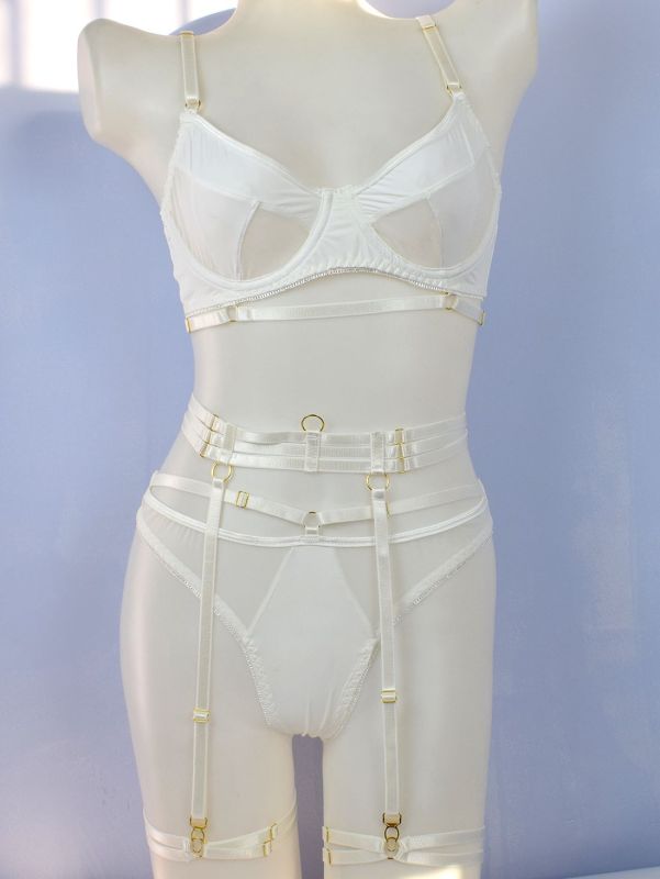 2231--New lace product with complex craftsmanship, hollow mesh sexy lingerie four-piece set