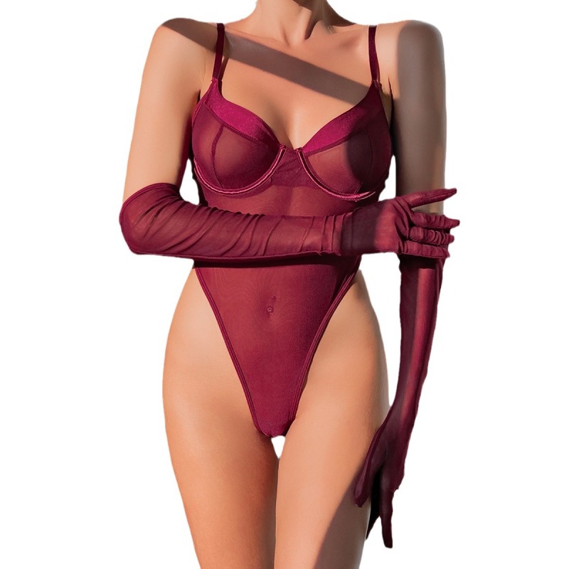 3315--Hot-selling sexy one-piece sexy see-through simple basic slim fit hip lift with gloves