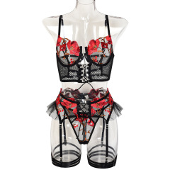 3328--Popular women's sexy lingerie embroidered flower strap cross hollow mesh four-piece set