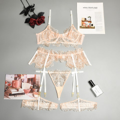 3068--New popular sexy flower lace mesh splicing transparent sexy three-piece set