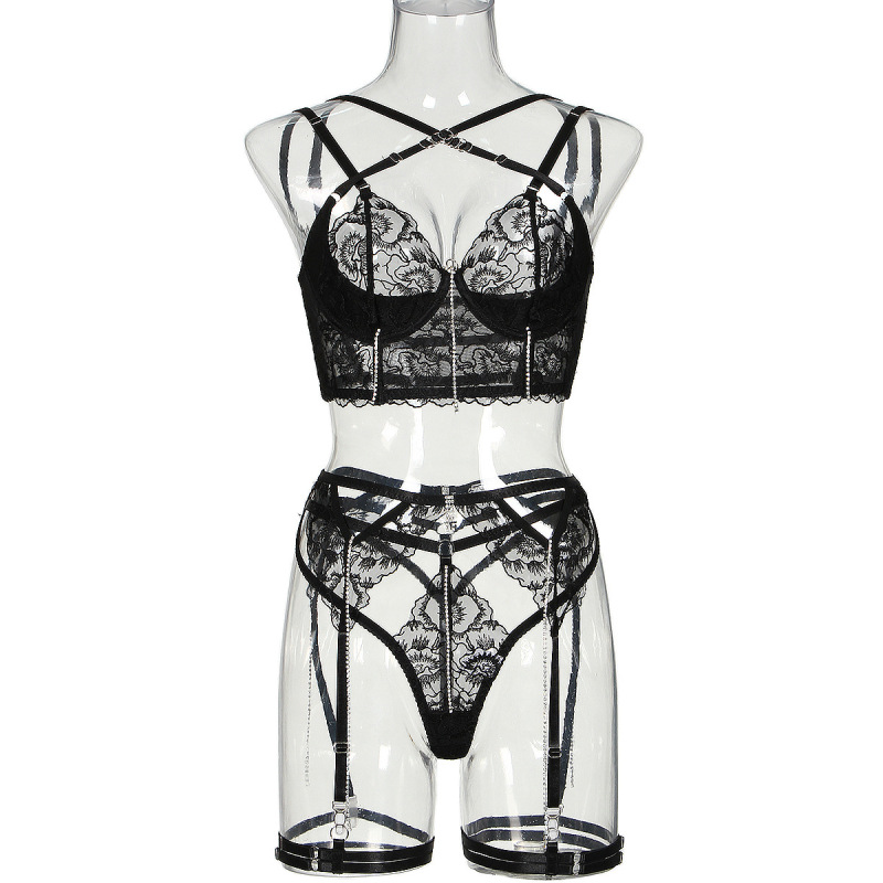 Z3448A--New complex craftsmanship sexy cross hollow embroidery body shaping diamond chain sexy lingerie four-piece set