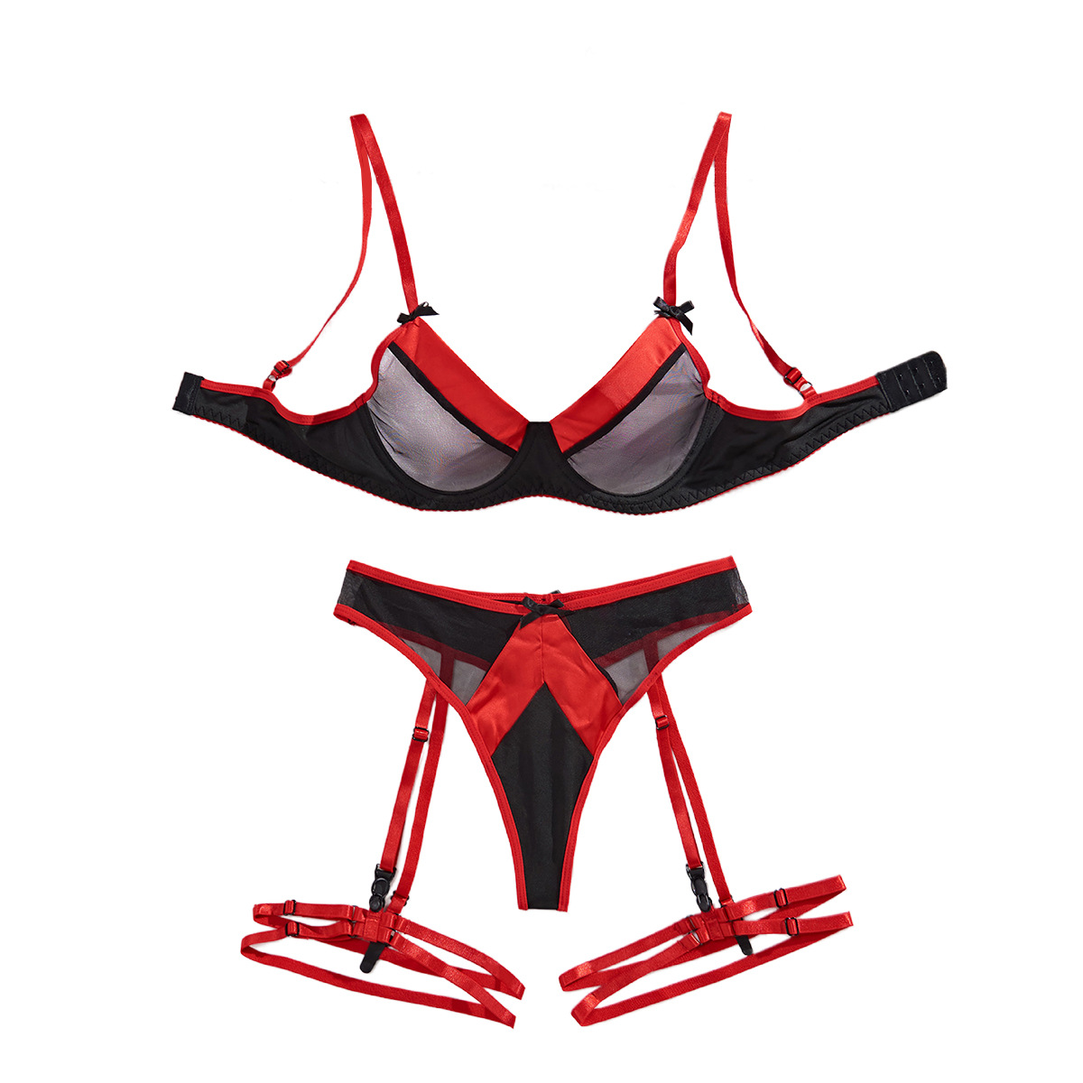 Z3729L--New contrasting color fashionable sexy suit mesh with bow sexy underwear three-piece set