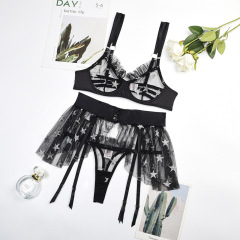 Z2976A--Fashion star printed see-through mesh sexy underwear three-piece set