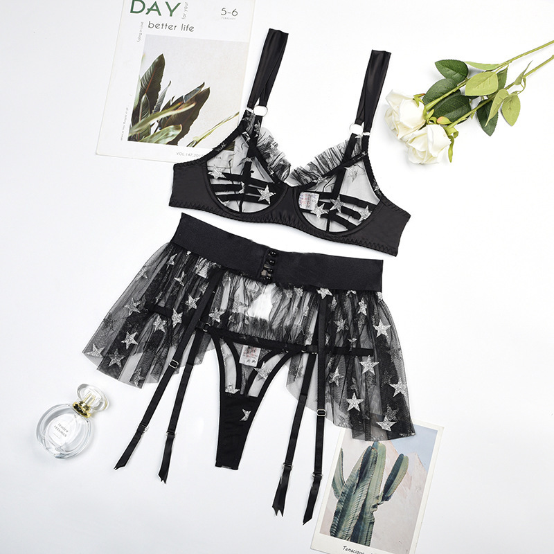 Z2976A--Fashion star printed see-through mesh sexy underwear three-piece set
