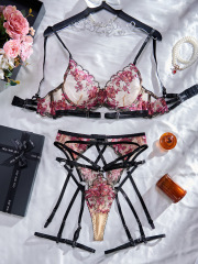 Z3624L--New see-through floral embroidered eyelash lace sexy complex bandage sexy lingerie four-piece set