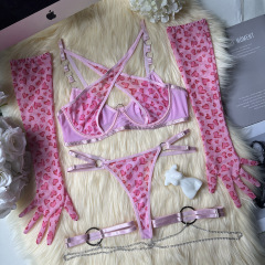 3102--Sexy lingerie sexy hollow leopard print set