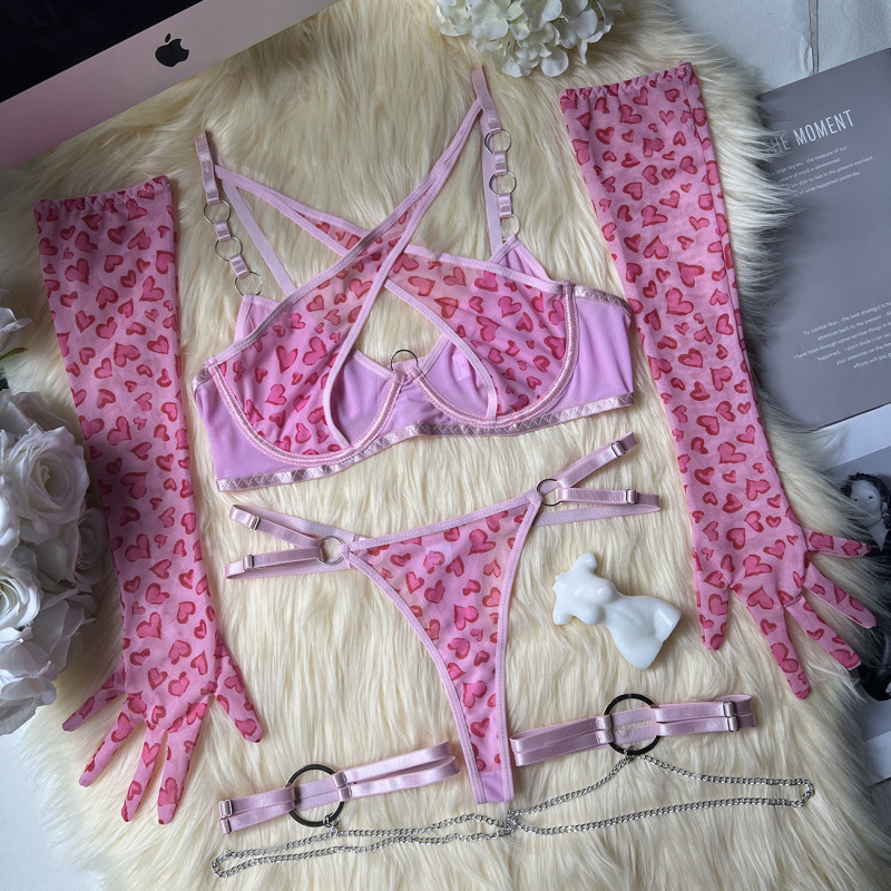 3102--Sexy lingerie sexy hollow leopard print set