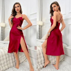 3220--Ice silk pajamas slim fit slit home wear backless women's suspender nightgown