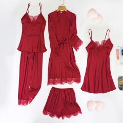 2090--Sexy ice silk satin lace five-piece set with padded nightgown and suspenders for home wear