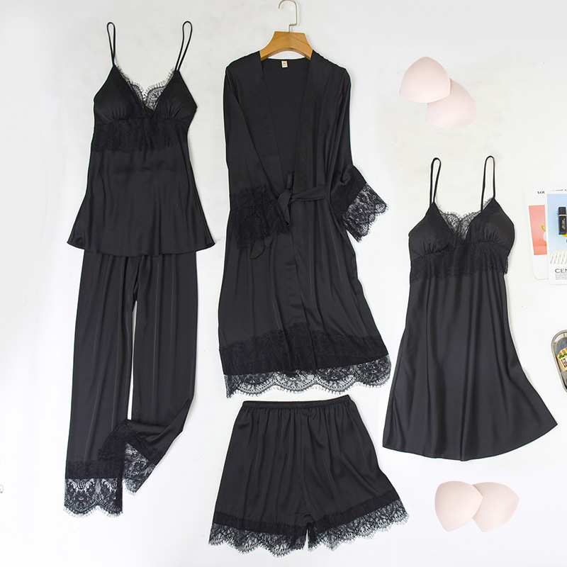 2090--Sexy ice silk satin lace five-piece set with padded nightgown and suspenders for home wear