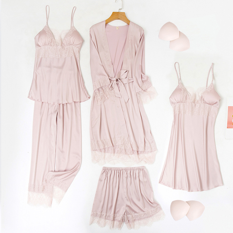 2090--Sexy ice silk satin lace five-piece set with padded nightgown and suspenders for home wear