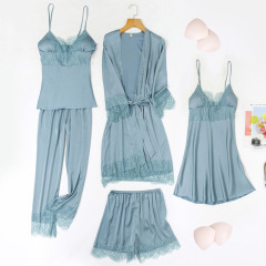 2090--Sexy ice silk satin lace five-piece set with padded nightgown and suspenders for home wear