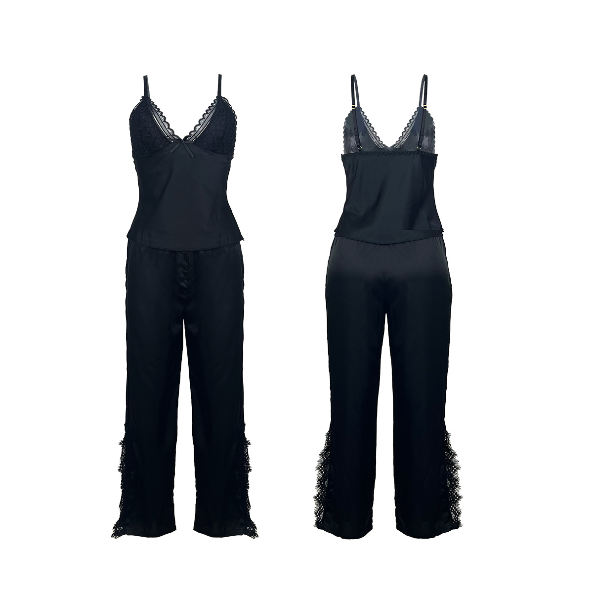 472--Sexy pajama set suspenders lace satin imitation silk trousers