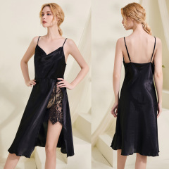 CW261--Sexy lace slit drop collar suspender summer backless mid-length home nightgown