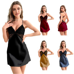 3153--New ice silk pajamas backless short women's suspender nightgown