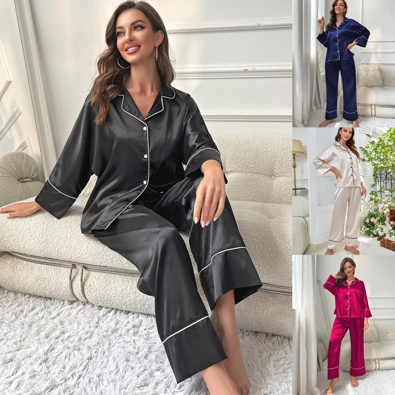 GST56--Imitation silk pajamas for women autumn and winter long-sleeved pajamas home wear set