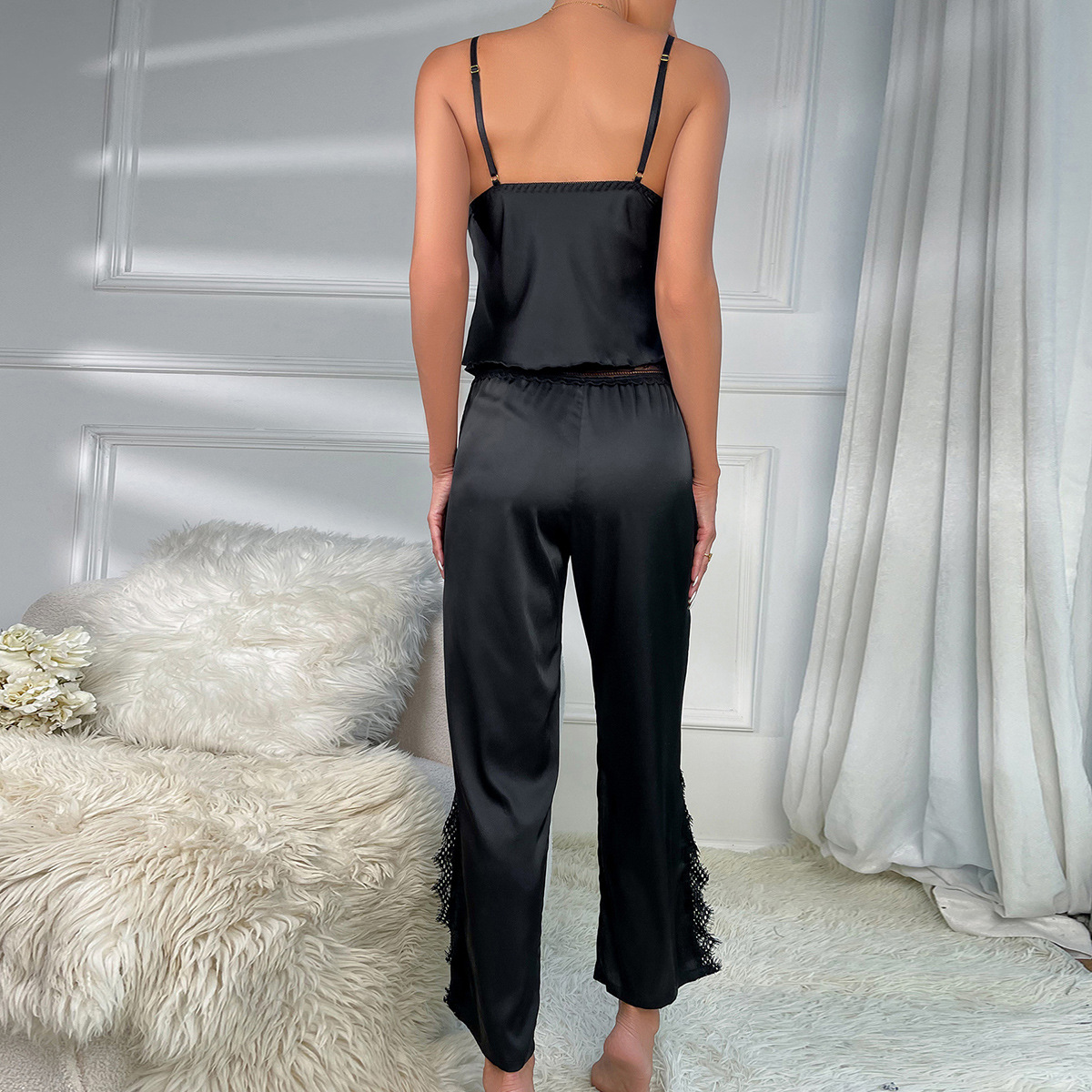 472--Sexy pajama set suspenders lace satin imitation silk trousers