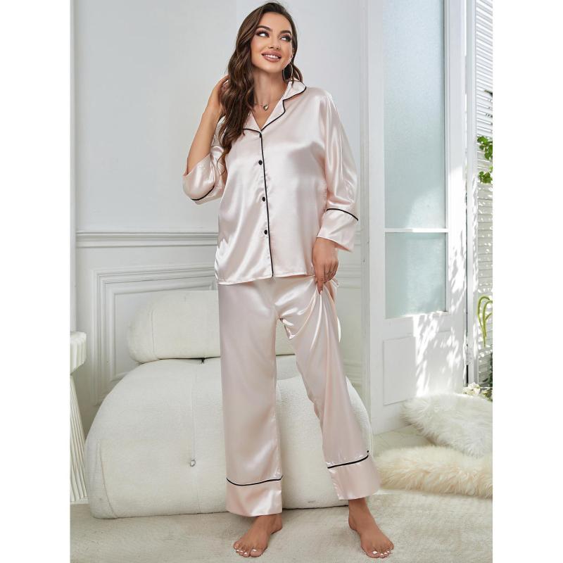 GST56--Imitation silk pajamas for women autumn and winter long-sleeved pajamas home wear set