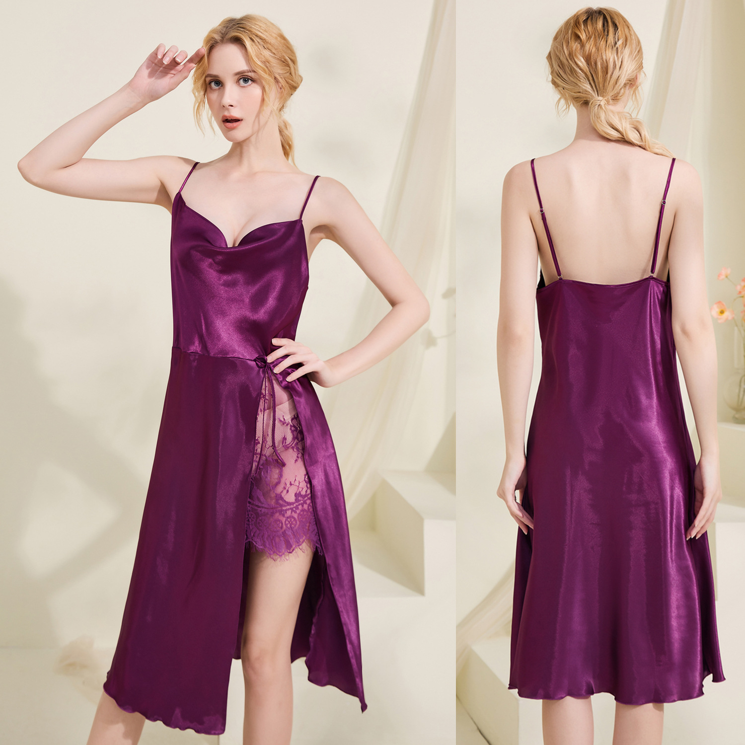 CW261--Sexy lace slit drop collar suspender summer backless mid-length home nightgown