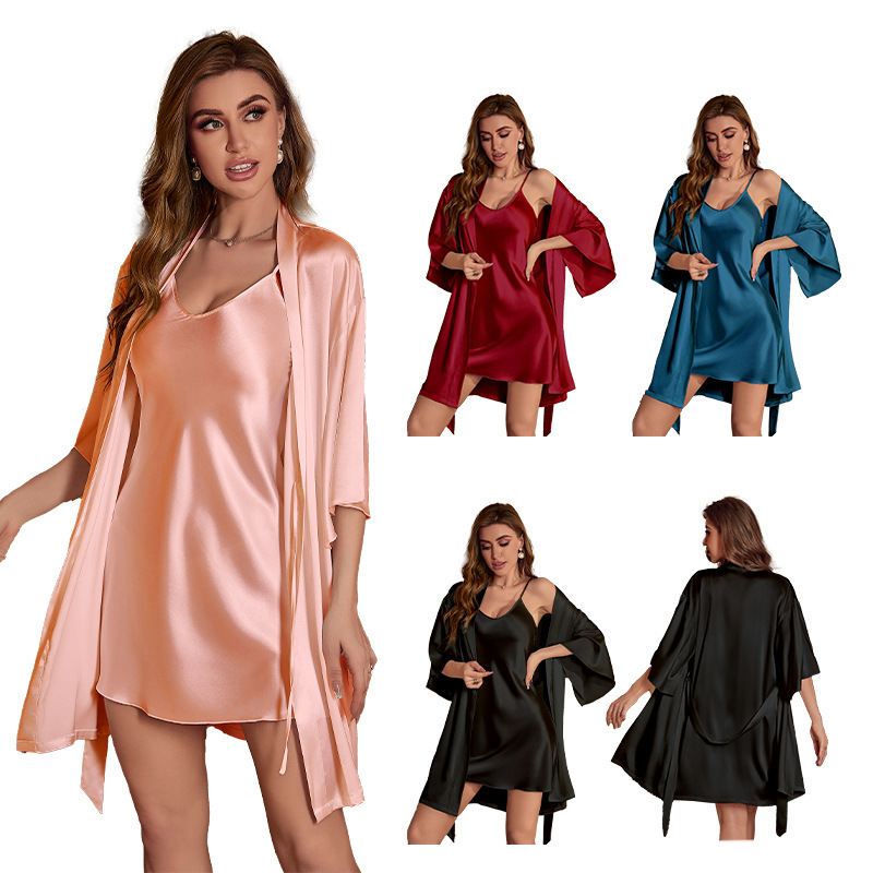 3237--Ice silk pajamas women's summer nightgown suspenders two-piece sexy home wear