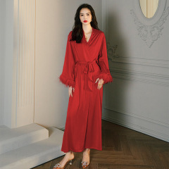 2658--Long-sleeve satin and feather robe