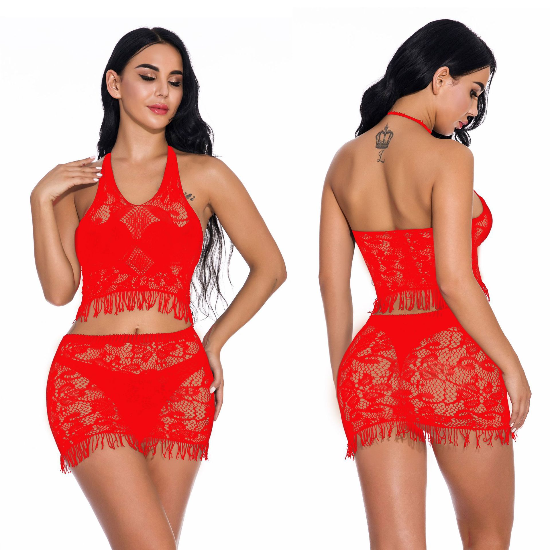 8727--New mesh sexy tassel hip-hugging short skirt halterneck nightgown two-piece set