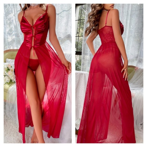YY1428--Long suspender dress with bow tie and slit, tempting and sexy nightgown