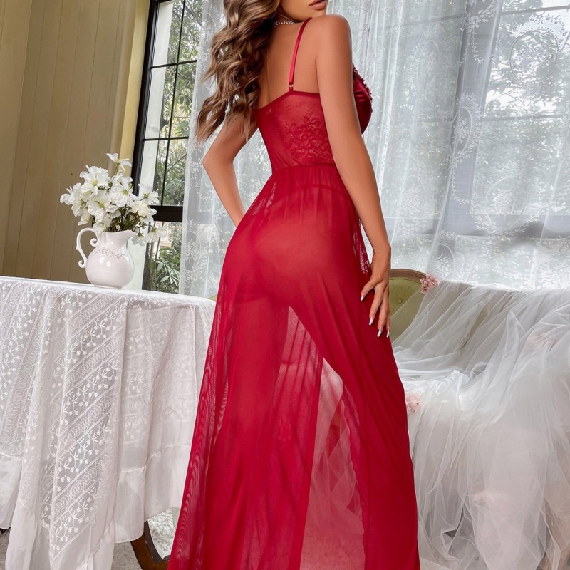 YY1428--Long suspender dress with bow tie and slit, tempting and sexy nightgown