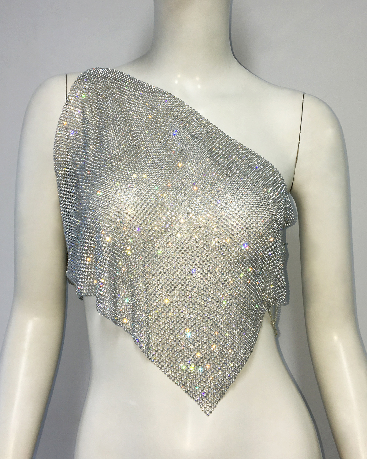 GC316--Metal mesh diamond top, personalized and fashionable slanted shoulder vest, rhinestone suspender for women