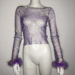 SC035--Mesh glitter fishnet top sexy luxury party hot girl ostrich fur sleeve top