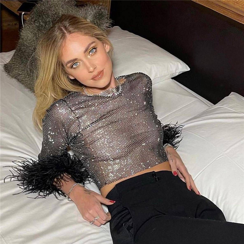 SC035--Mesh glitter fishnet top sexy luxury party hot girl ostrich fur sleeve top