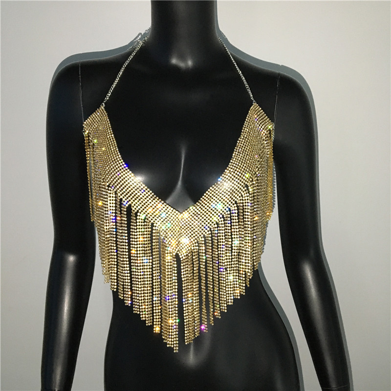 GC165--Women's Metallic Rhinestone Top Sexy Party Hot Girl Outfit Rhinestone Nightclub Hot Girl Suspender