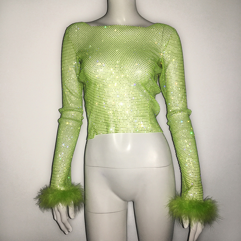 SC035--Mesh glitter fishnet top sexy luxury party hot girl ostrich fur sleeve top