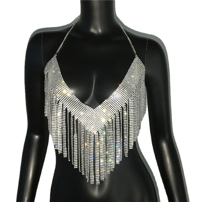 GC165--Women's Metallic Rhinestone Top Sexy Party Hot Girl Outfit Rhinestone Nightclub Hot Girl Suspender