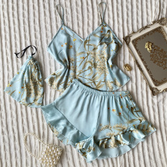 3105--Simulated Silk Pajamas Two Piece Fashion Printed Shorts Lounge Wear Set