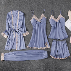 804--Feminine five-piece suit thin nightgown summer ice silk women's nightgown with chest pad