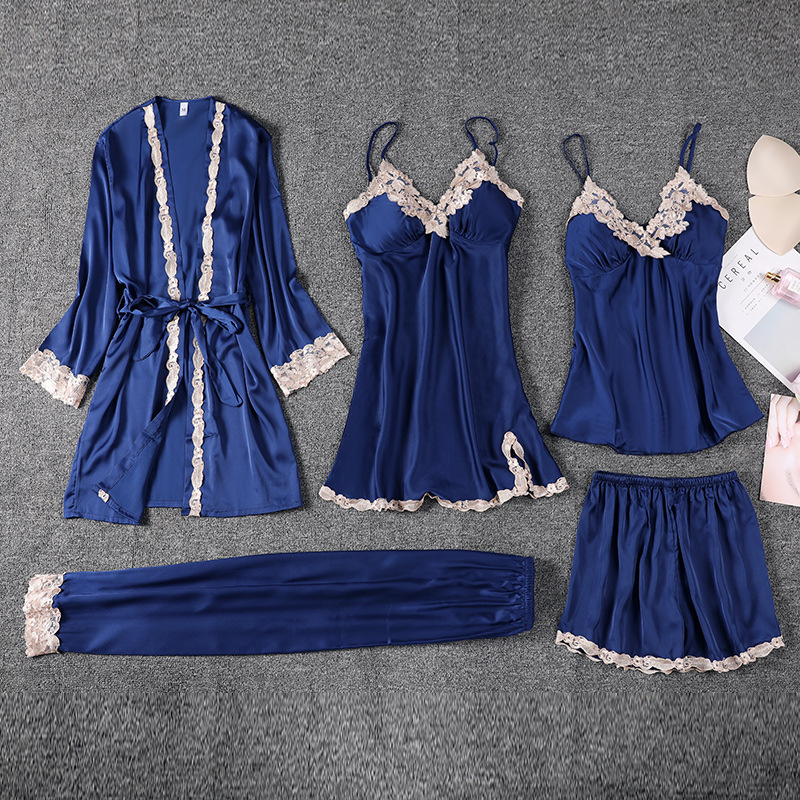 804--Feminine five-piece suit thin nightgown summer ice silk women's nightgown with chest pad