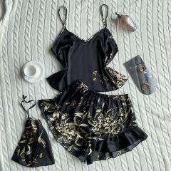 3105--Simulated Silk Pajamas Two Piece Fashion Printed Shorts Lounge Wear Set