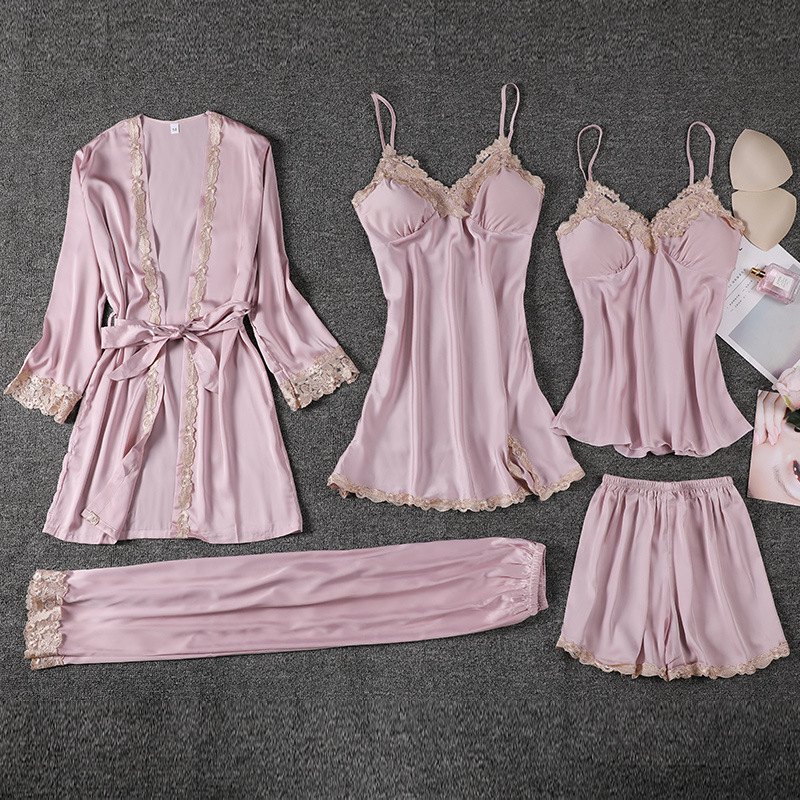804--Feminine five-piece suit thin nightgown summer ice silk women's nightgown with chest pad
