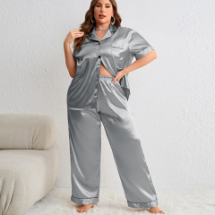 H7219--Silk ice silk thin long-sleeved trousers cardigan imitation silk plus size sexy home wear