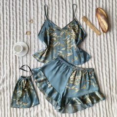 3105--Simulated Silk Pajamas Two Piece Fashion Printed Shorts Lounge Wear Set