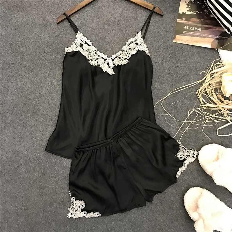 808--Women's Sexy Camisole Tops Shorts Pajamas Two-piece Suit Simulated Silk Home Clothes
