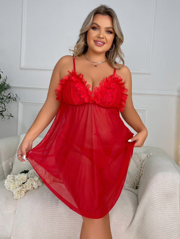 7131--Sexy Large Size Sexy Pajamas One-piece See-through Suspender PlusSize