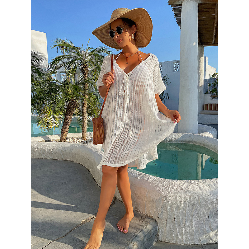 CYBK4038--Sexy hollow strap loose pullover sun protection knitted beach cover-up