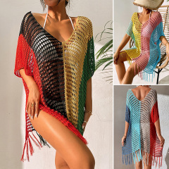 CYBK4076L--New contrasting color sexy loose pullover V-neck tassel hollow beachwear